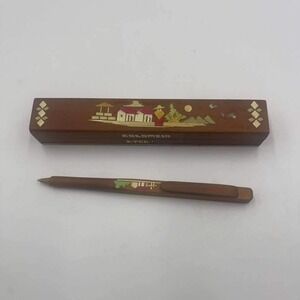 Vintage ETCO Colombia Wood Inlay Marquetry Ballpoint Pen and Matching Case Set